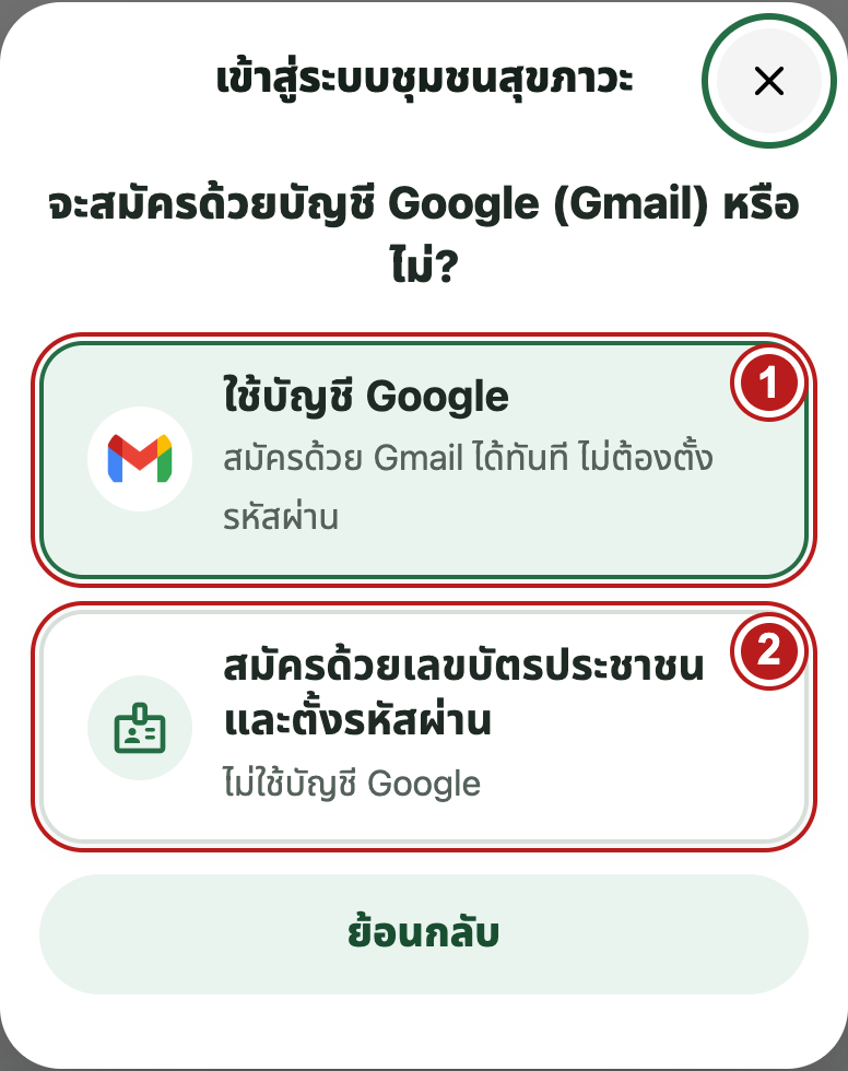เลือกวิธีสมัคร — หมายเลขบนภาพตรงกับขั้นตอนข้างภาพ
